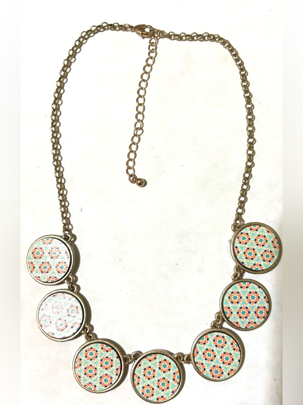 Gold-Tone wood Necklace with Coral & Teal Mosaic Discs